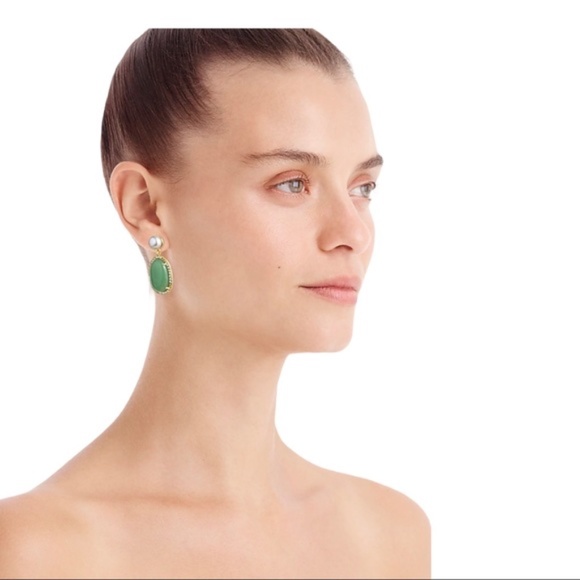 J Crew Gold Plated Stone and Freshwater Pearl Earrings in Apple Green - Picture 2 of 3